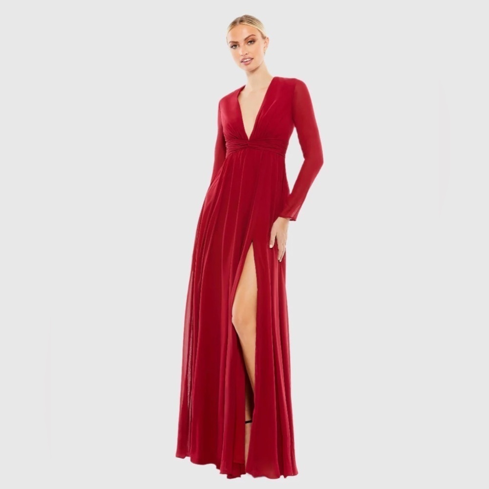 Mac Duggal Red Deep V Long-Sleeve Maxi Gown with High Slit